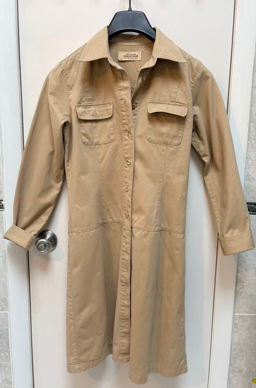 Utility Khaki Shirt Dress Safari Cotton Cargo Jacket Long Sleeve Midi Button S